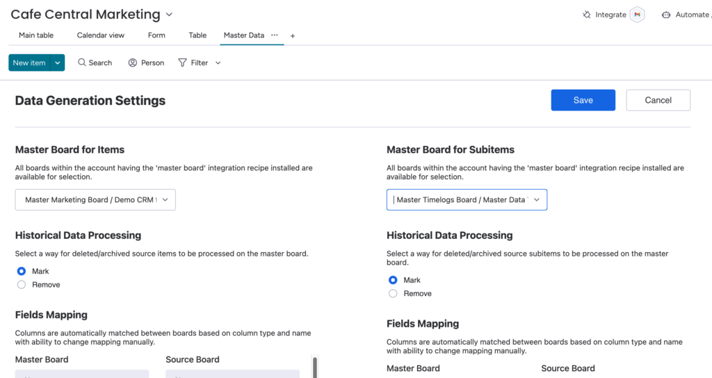 The Master Data view in one Source Board, showing the toggle options for the desired Master Board